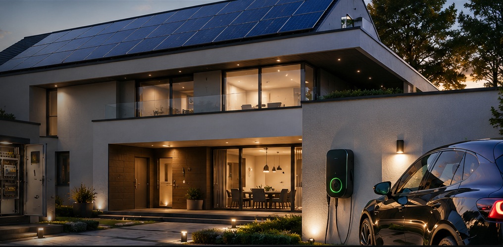 Modernes Wohnhaus in der Dämmerung mit Photovoltaikanlage auf dem Dach, Wallbox an der Fassade und ladendem Elektroauto